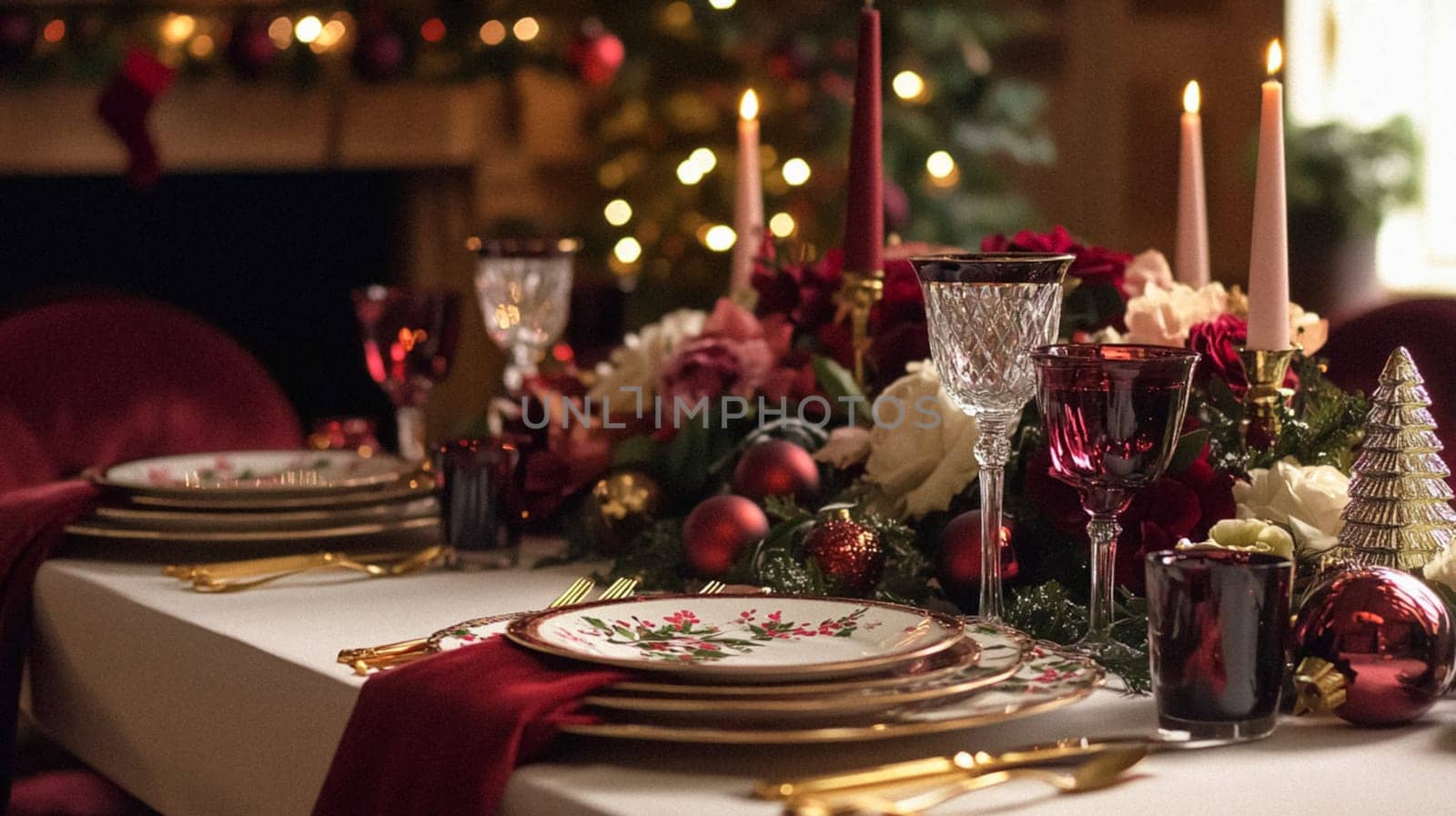 Christmas tablescape decoration, formal family dinner holiday celebration, luxury table setting decor, English country and home style idea