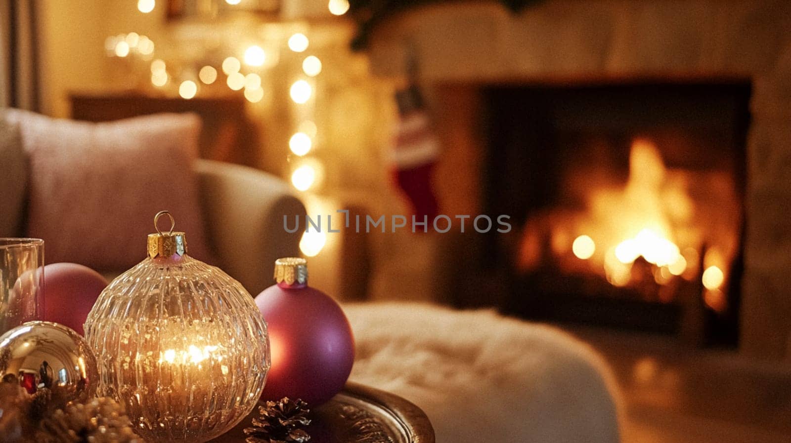 Christmas, holiday decor and country cottage style, cosy atmosphere, decorated Christmas tree in the English countryside house living room with fireplace, interior decoration idea