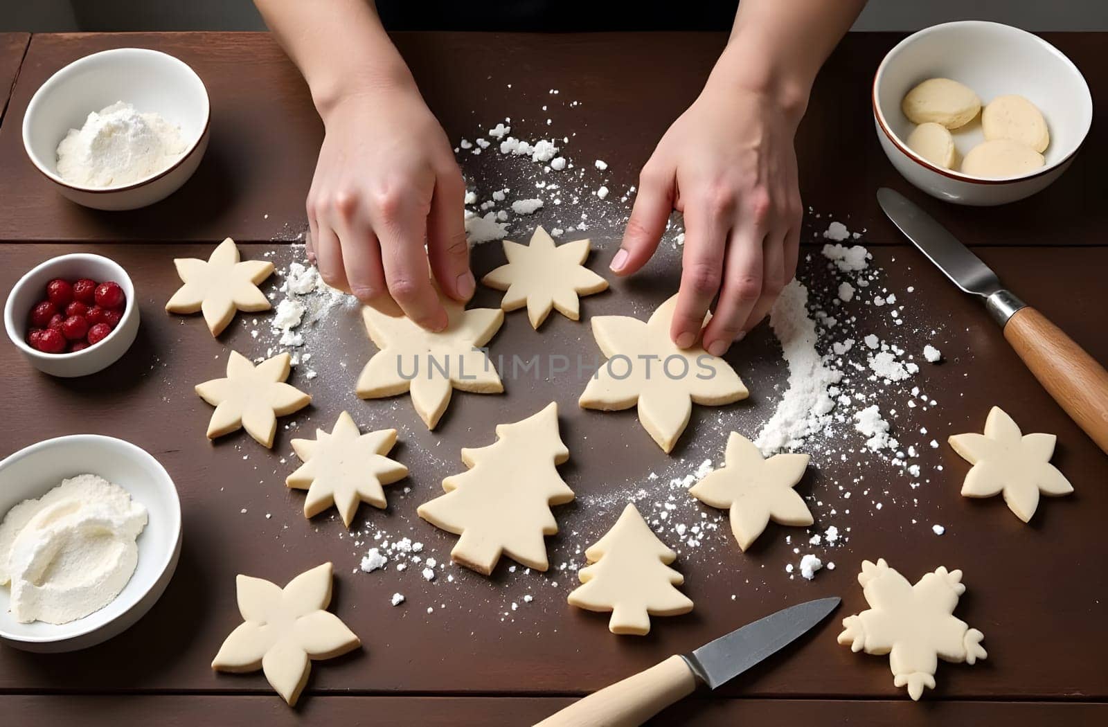 A top-down view of hands pressing a star-shaped cutter into the dough, with festive cookie shapes scattered on the table. High quality photo