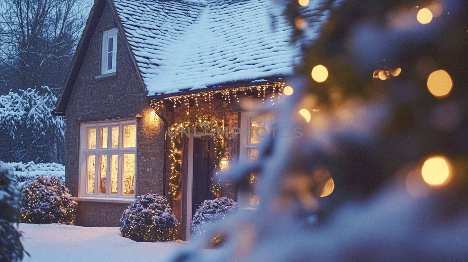 Christmas in the countryside, cottage decorated for holidays on a snowy winter evening with snow and holiday lights, English country styling inspiration
