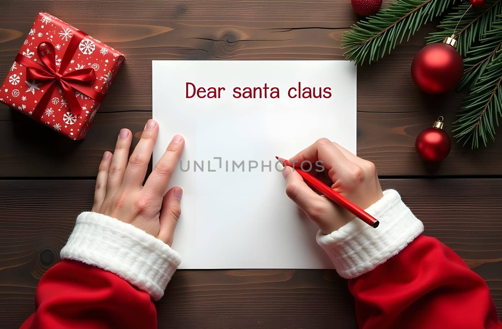 A first-person view of writing a letter to Santa Claus, with a cozy holiday setup featuring paper, a pen, and festive decorations on the table. High quality photo