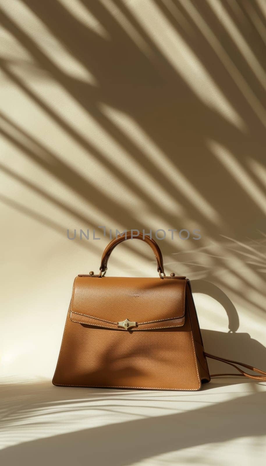 Luxurious mocha mousse designer handbag elegantly positioned on a textured beige backdrop. the lighting creates subtle shadows, the bag's craftsmanship and enhancing its rich color, perfect for high-end fashion presentations.