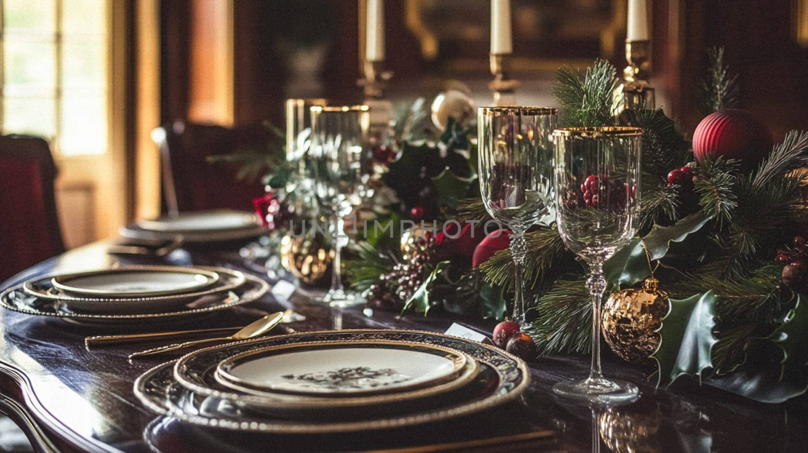 Christmas tablescape decoration, formal family dinner holiday celebration, luxury table setting decor, English country and home style idea