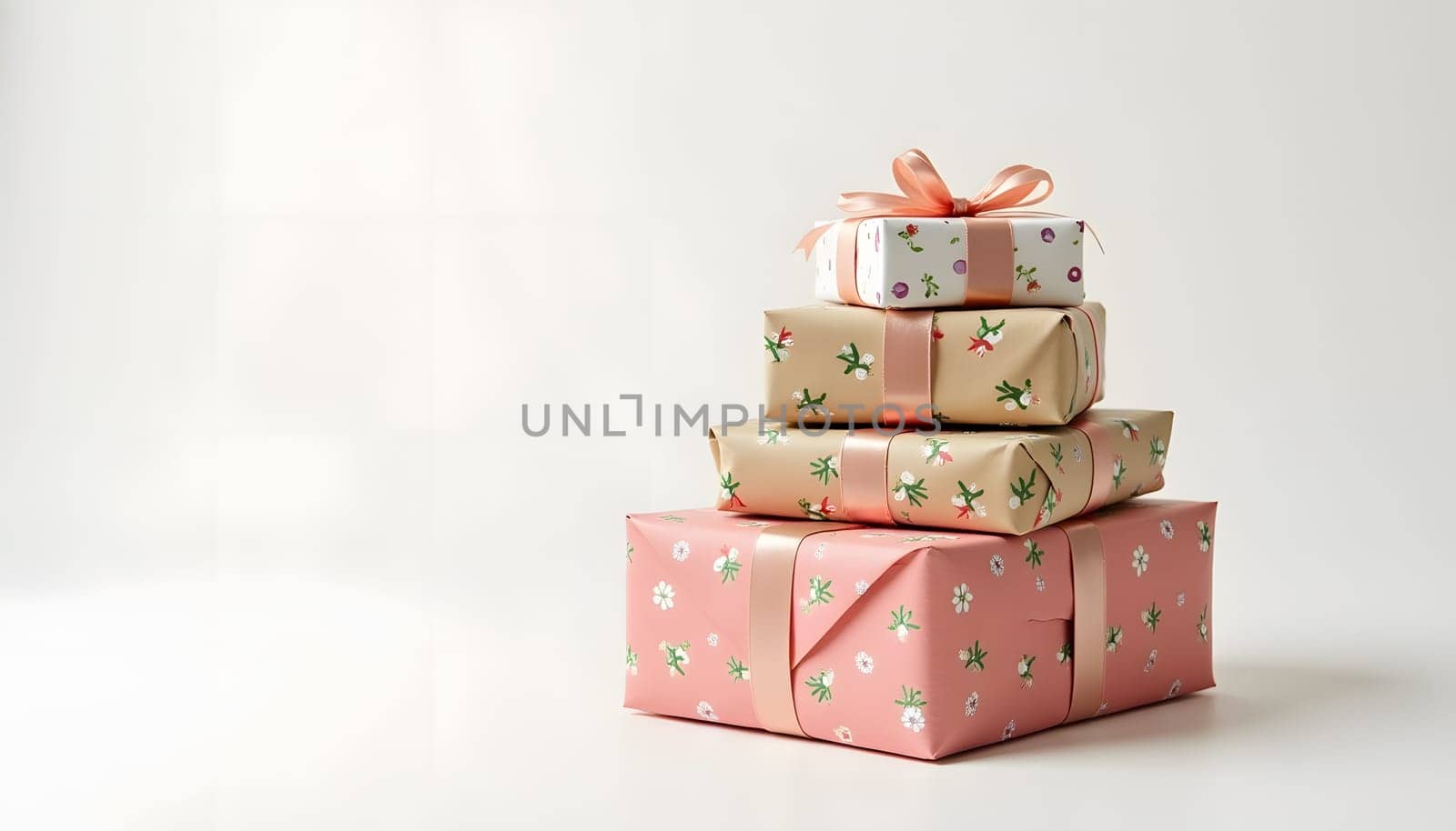 A stack of beautifully wrapped presents in different patterns, isolated on a simple background to emphasize their festive appeal. Ideal for holiday gifting and celebrations