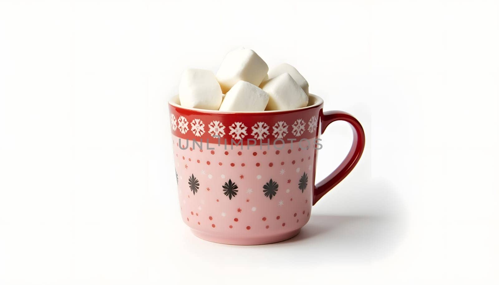 A holiday-themed mug filled with marshmallows, fully isolated against a simple background to draw attention to its design. Perfect for cozy winter themes and holiday warmth