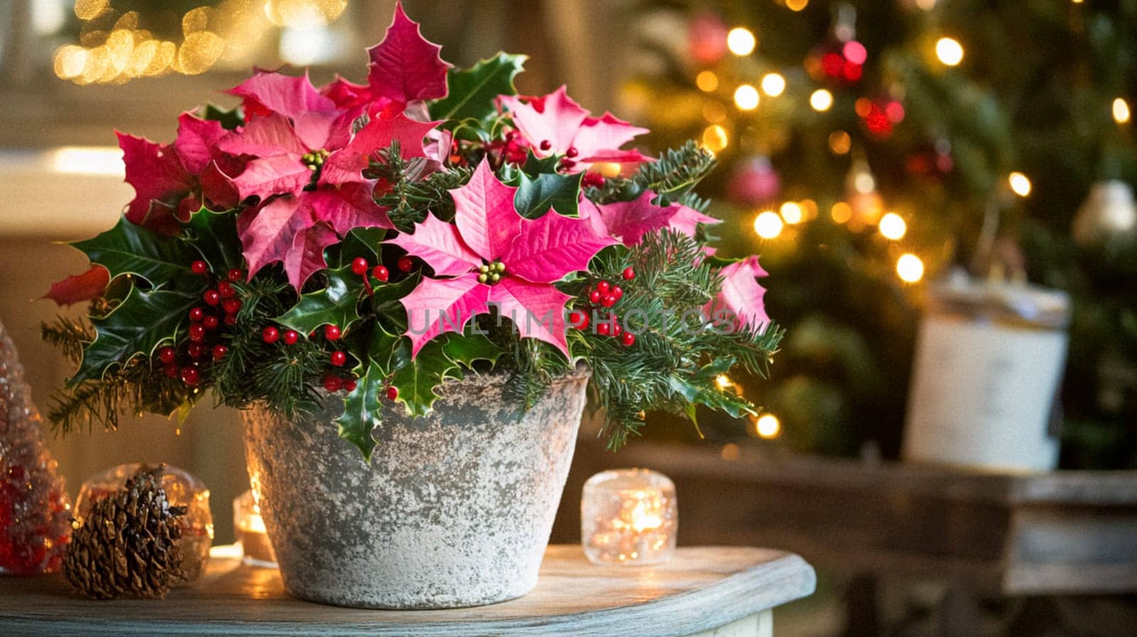 Christmas, holiday decor and country cottage style, cosy atmosphere, decorated Christmas tree in the English countryside house living room with fireplace, interior decoration idea