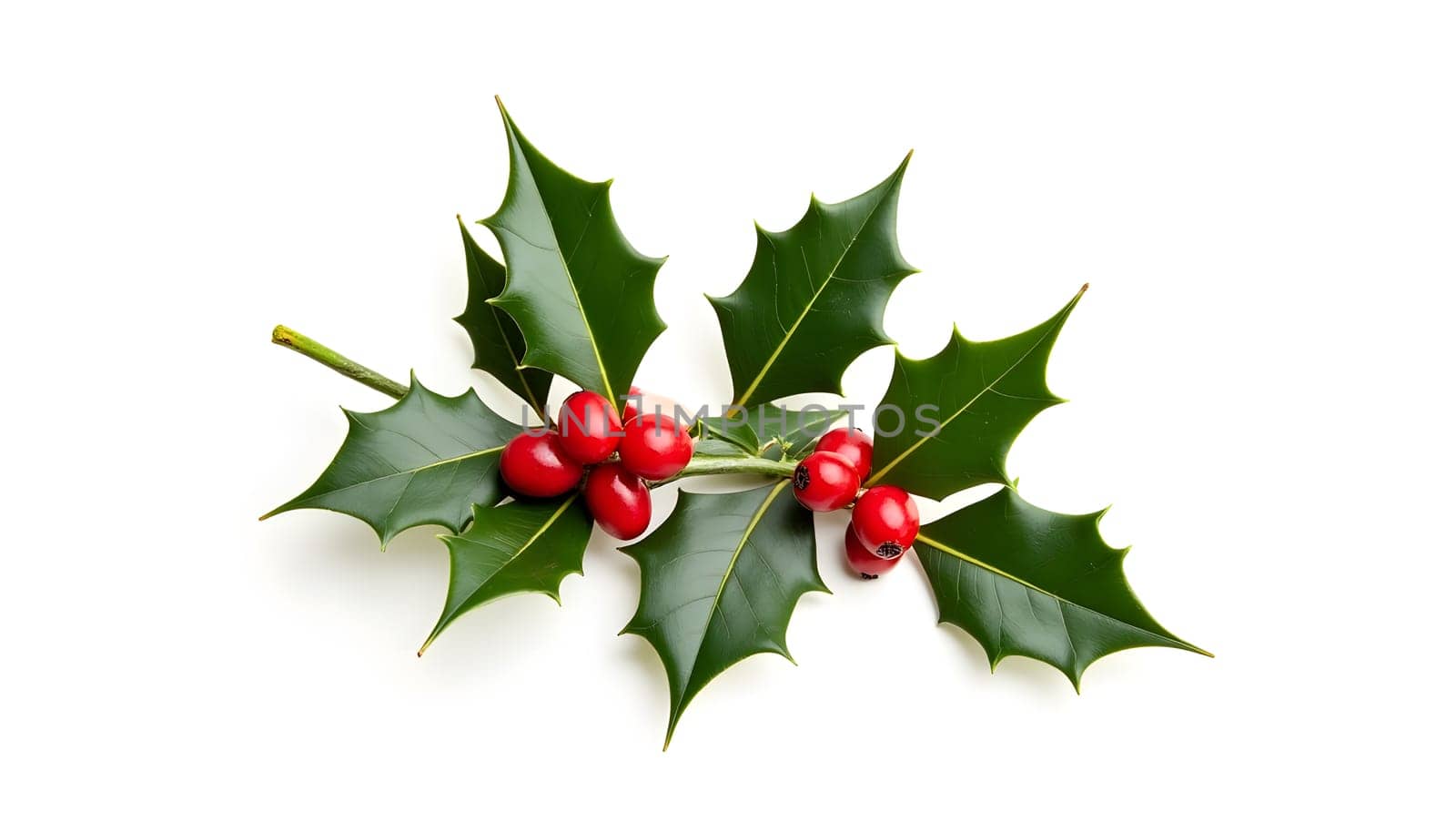 A sprig of holly with bright red berries, fully isolated to showcase its vibrant colors and traditional holiday symbolism. Ideal for festive and seasonal designs