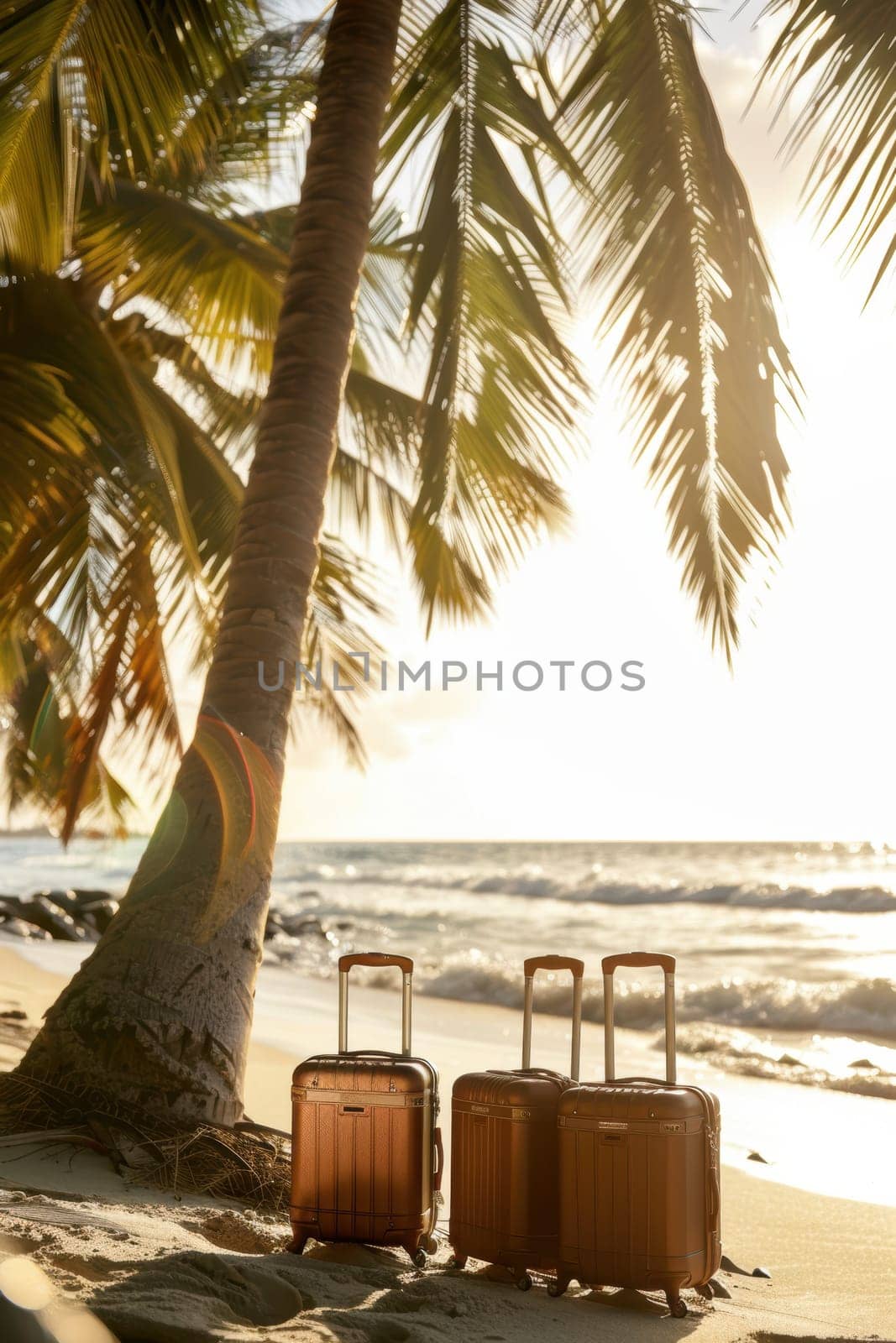 Mocha mousse-colored luggage sets are arranged on a serene beach, framed by palm trees and bathed in the warm glow of the setting sun. the tranquil scene elegance and functionality of travel accessories against a stunning coastal backdrop.