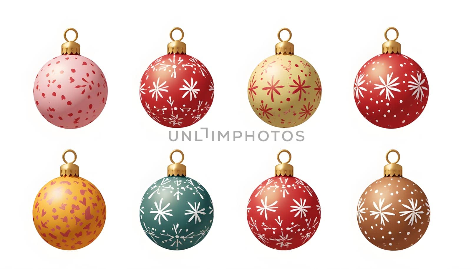 A collection of colorful Christmas baubles in various sizes, fully isolated to showcase their patterns and textures. Perfect for festive decor and holiday themes