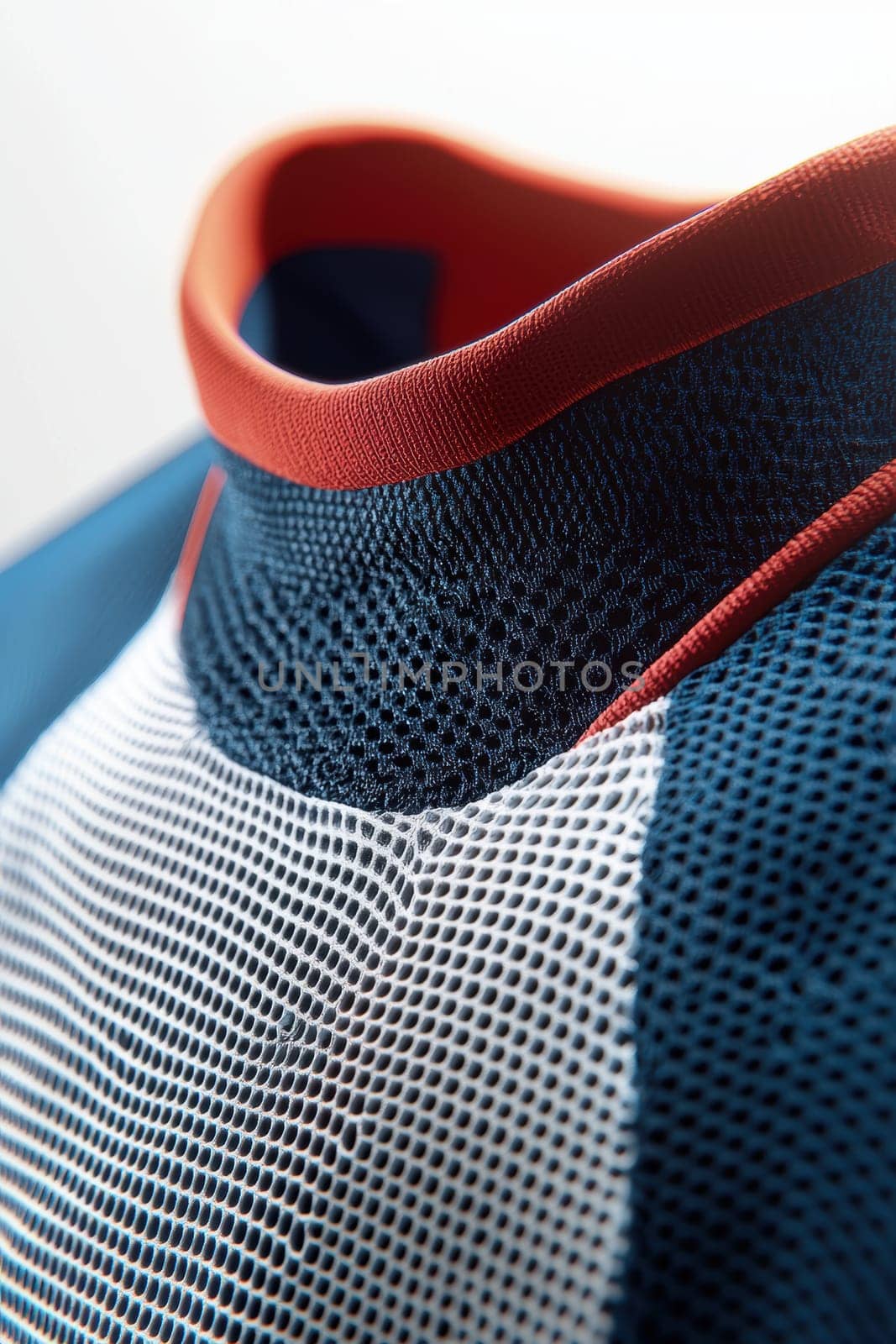 Close-up view of a sports jersey collar showcasing intricate stitching and vibrant fabric texture. the design emphasizes detailed craftsmanship and color contrast, set against a clean white background, ideal for apparel design inspiration.
