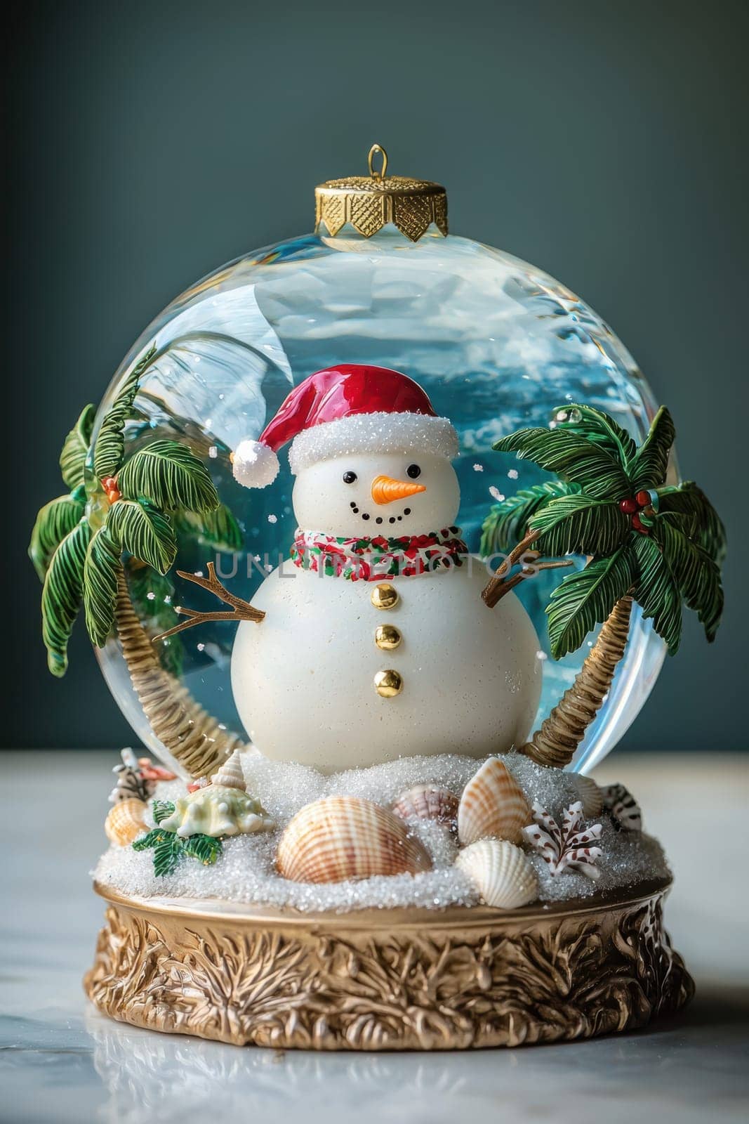 A whimsical beach-themed snow globe featuring a sand snowman adorned with a santa hat and scarf, surrounded by snowy palm trees. the base, embellished with seashells, evokes a unique blend of winter celebration and tropical charm.