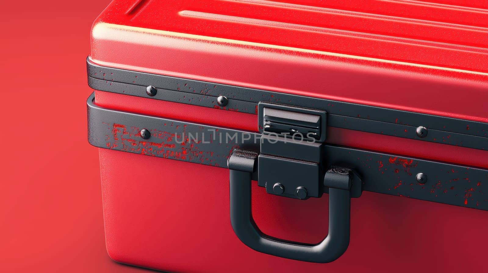 Bright die-cut sticker adhered to a red toolbox, featuring subtle wear details for a rugged and practical branding concept. ideal for showcasing bold design elements in a dynamic and eye-catching manner.