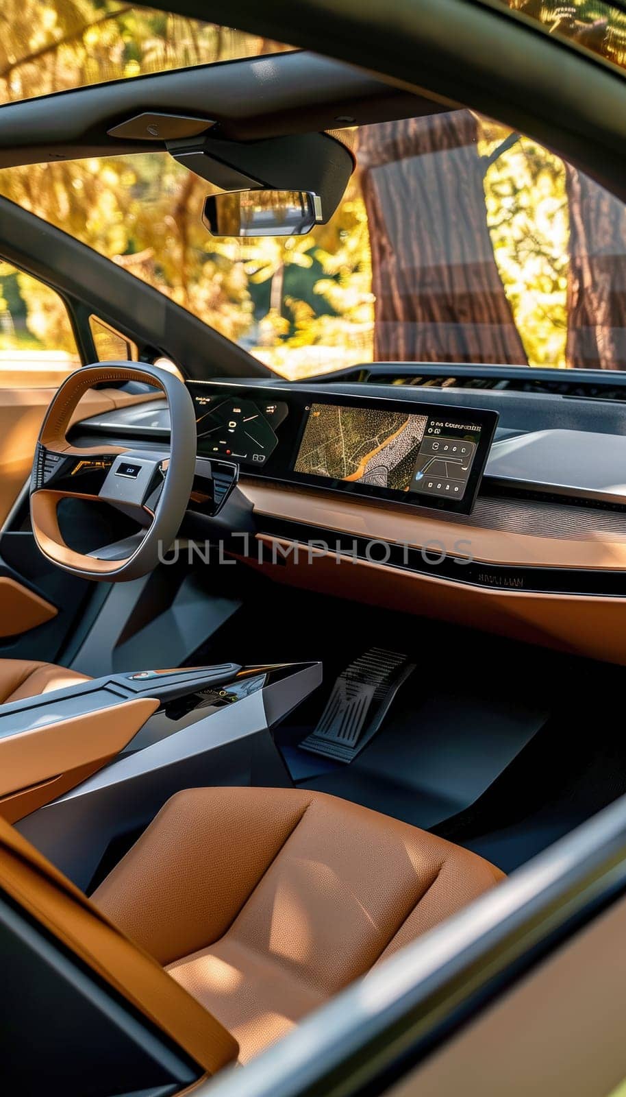 Luxurious electric car interior featuring mocha mousse leather seats, a state-of-the-art digital dashboard, and panoramic glass views. embodies high-end design and cutting-edge technology, ideal for showcasing automotive innovation.