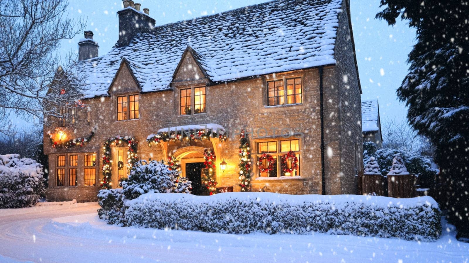 Christmas in the countryside, cottage decorated for holidays on a snowy winter evening with snow and holiday lights, English country styling inspiration