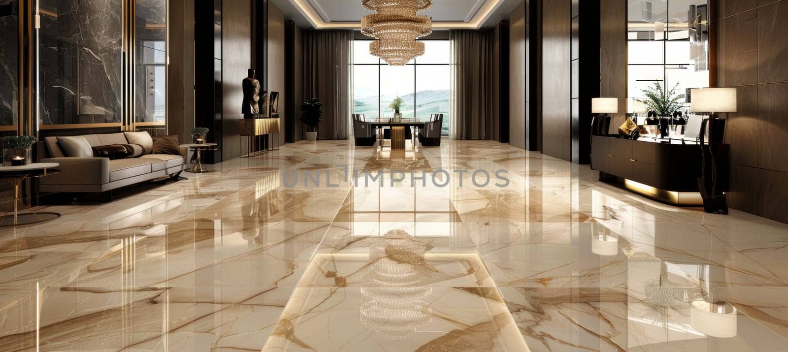 Luxurious hotel lobby featuring mocha mousse walls and large decorative mirrors. a grand chandelier illuminates the space, complemented by a cream marble floor with subtle mocha veins, creating an elegant and welcoming atmosphere.