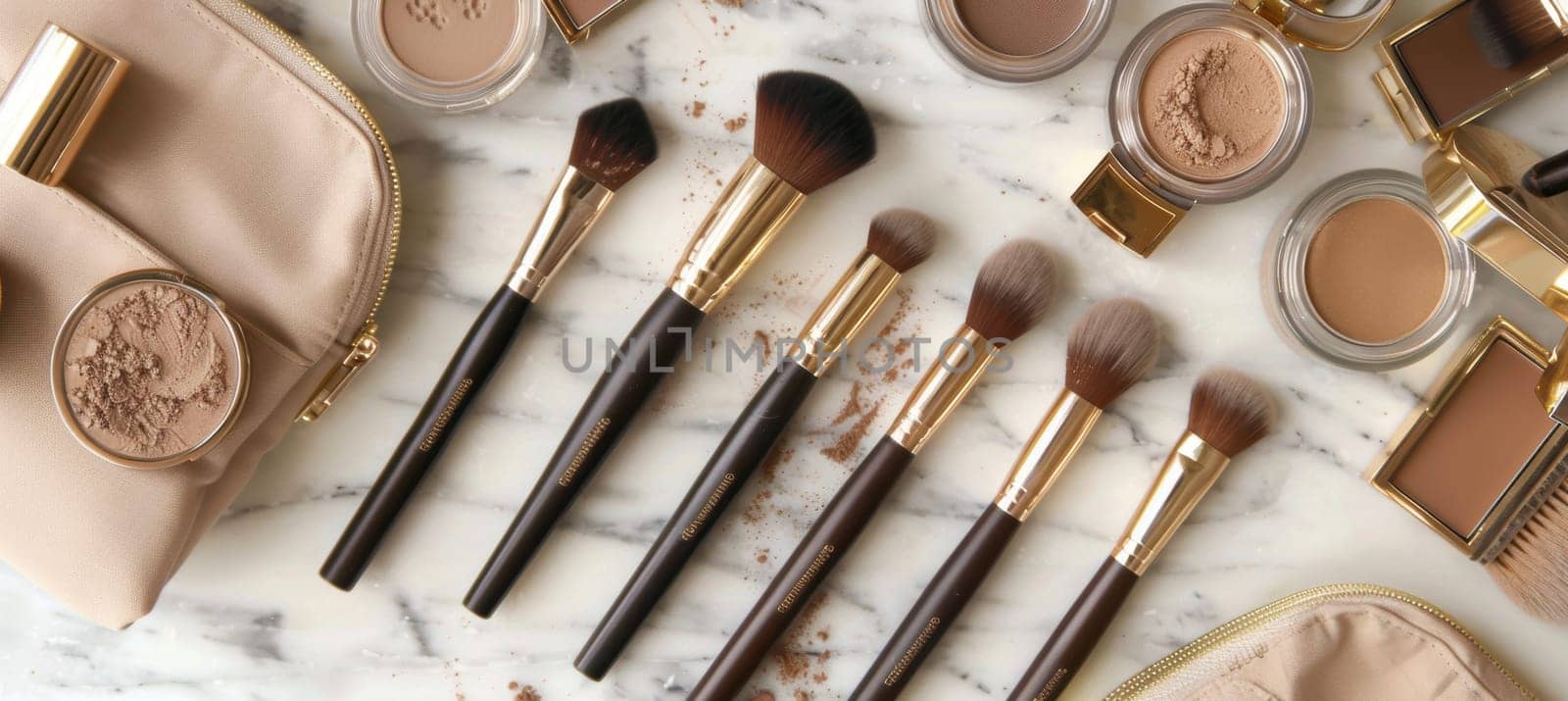 Mocha mousse cosmetic bags are arranged elegantly with an assortment of makeup brushes and foundation bottles on a sleek white tabletop. this chic display is perfect for beauty-themed designs, showcasing modern makeup essentials and accessories.