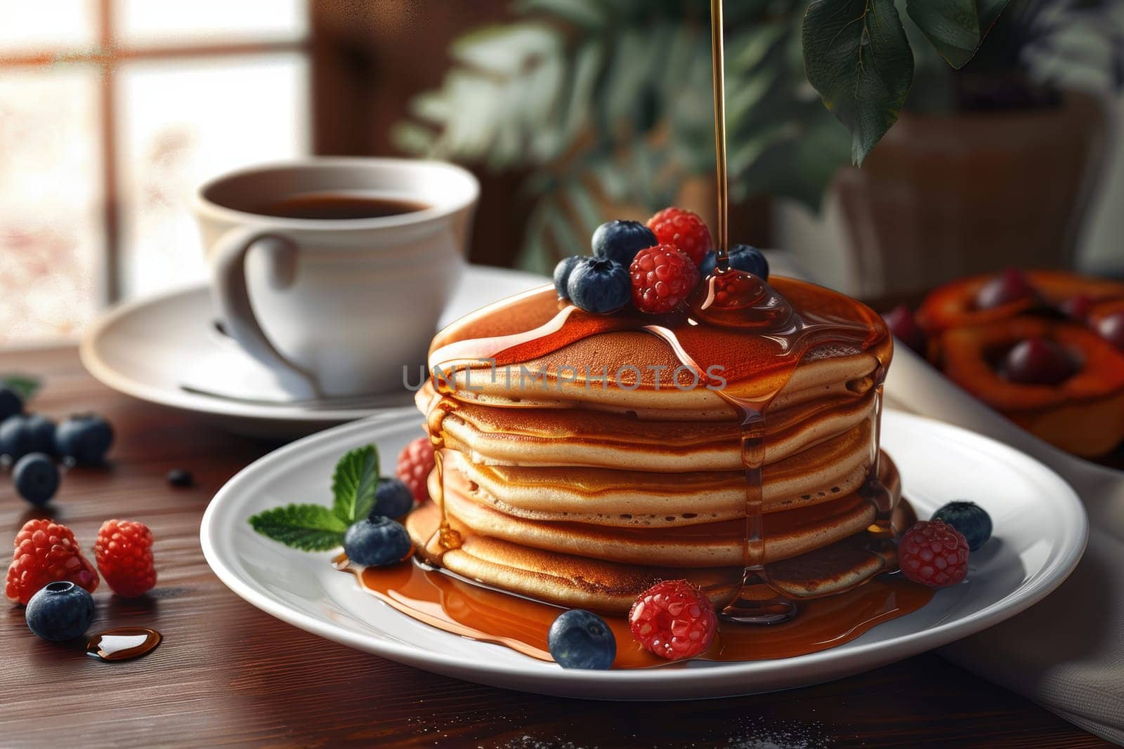 Warm, inviting breakfast setting featuring mocha mousse pancakes topped with maple syrup and fresh berries alongside a steaming cup of coffee. sunlight streams through a nearby window, enhancing the comforting ambiance of this delightful morning.