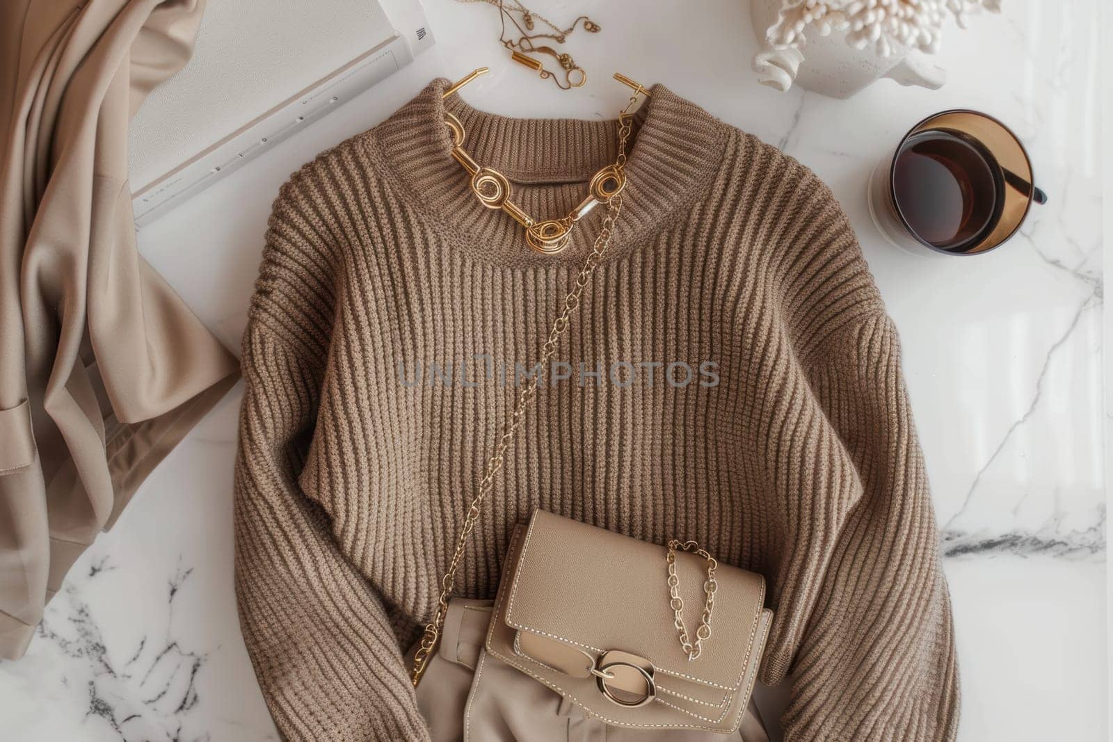 Stylish flat lay featuring a mocha cable-knit sweater paired with beige trousers and gold accessories, including a necklace and clutch. set on a white marble surface, perfect for fashion design, print, and poster projects.
