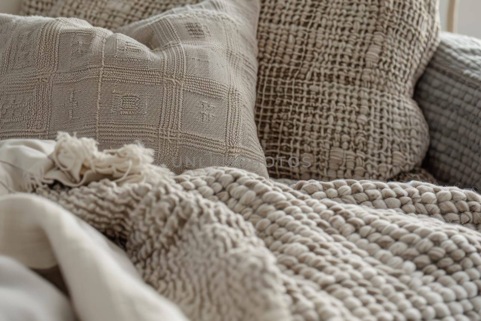 Premium bedding set in warm mocha mousse tones featuring plush throw pillows and a beige knitted blanket. ideal for creating a cozy, inviting bedroom atmosphere with its richly textured fabrics and soothing color palette.