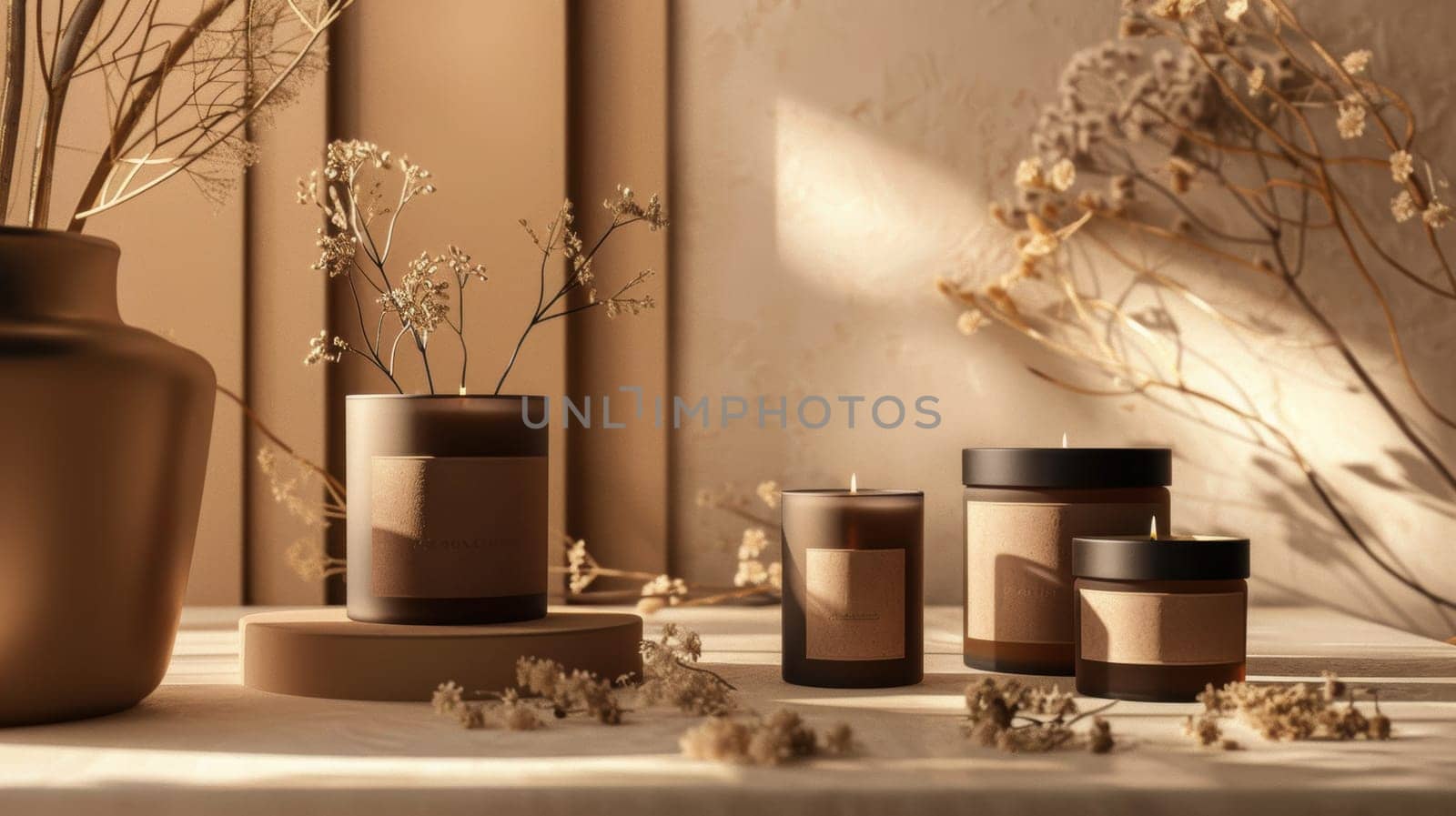 Luxury scented candles in mocha mousse packaging displayed on a beige textured surface. soft warm lighting highlights dried flowers, creating an elegant and cozy atmosphere perfect for home decor and gifting.