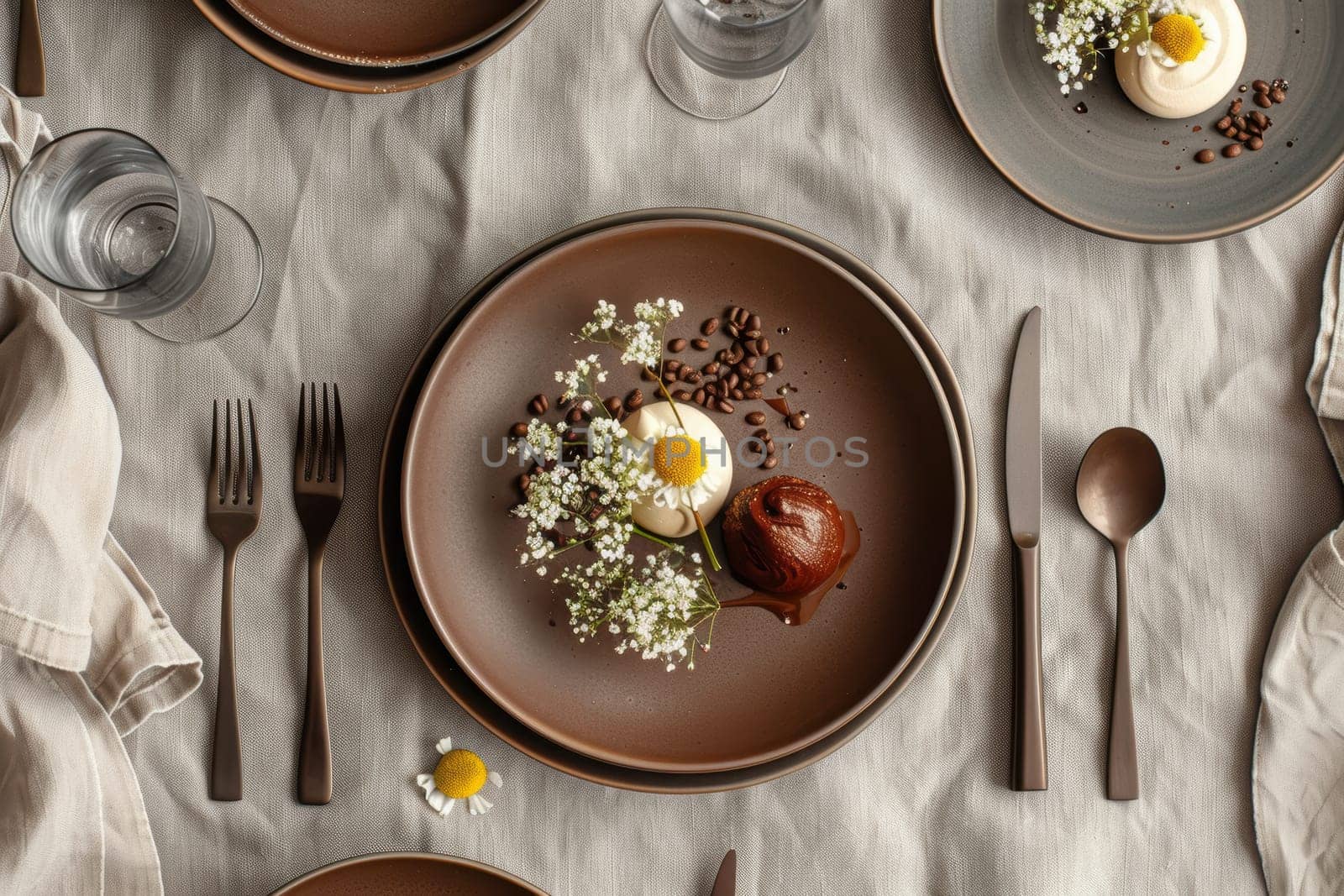 A sophisticated table setting featuring mocha mousse-colored plates, artfully arranged gourmet dishes, and matching linen napkins. the inviting setup includes sleek cutlery and glassware, creating an upscale dining atmosphere.