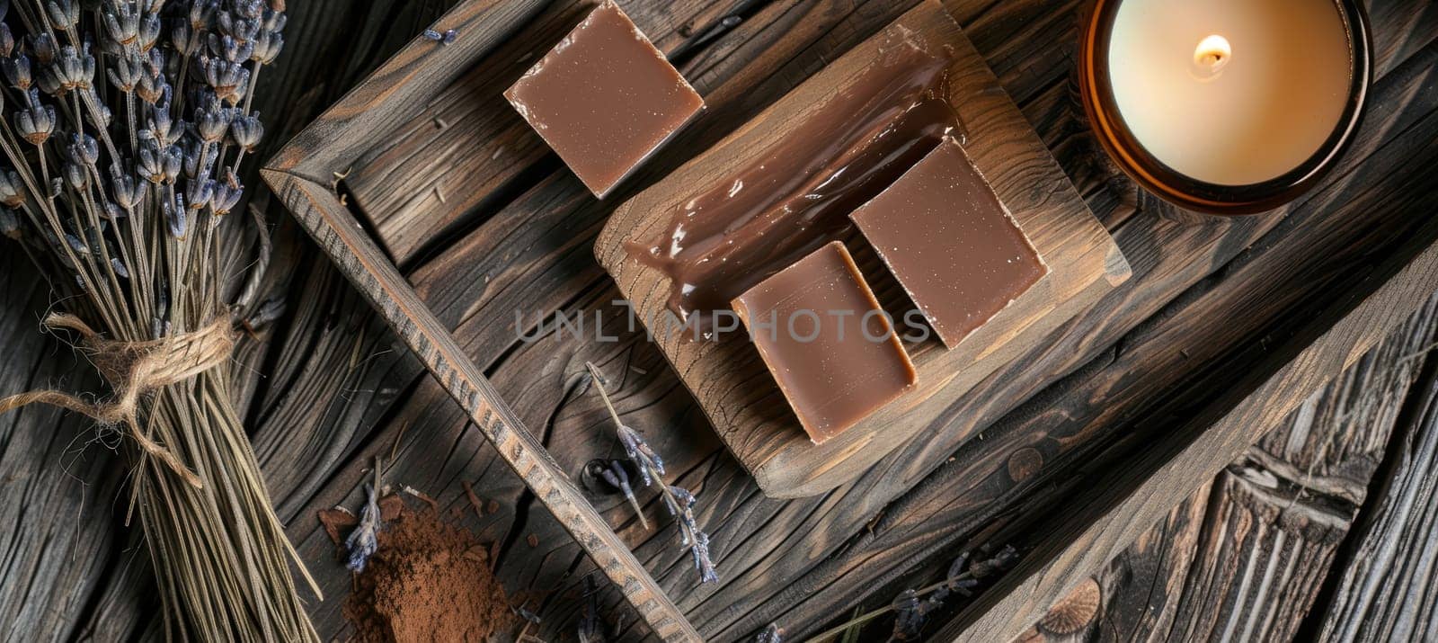Custom soap in mocha mousse wrapping rests on a rustic wooden tray, accompanied by dried lavender and a lit candle, creating a serene and relaxing spa-like atmosphere, ideal for home decor and gift ideas.