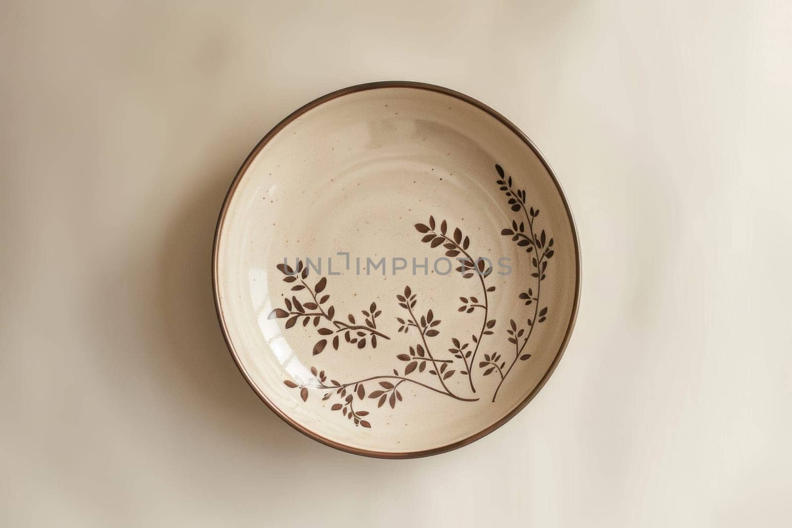 Handcrafted ceramic plate featuring intricate mocha mousse floral patterns set against a clean, neutral backdrop. the detailed design and soft tones make it ideal for elegant interior decor or artistic displays in minimal spaces.