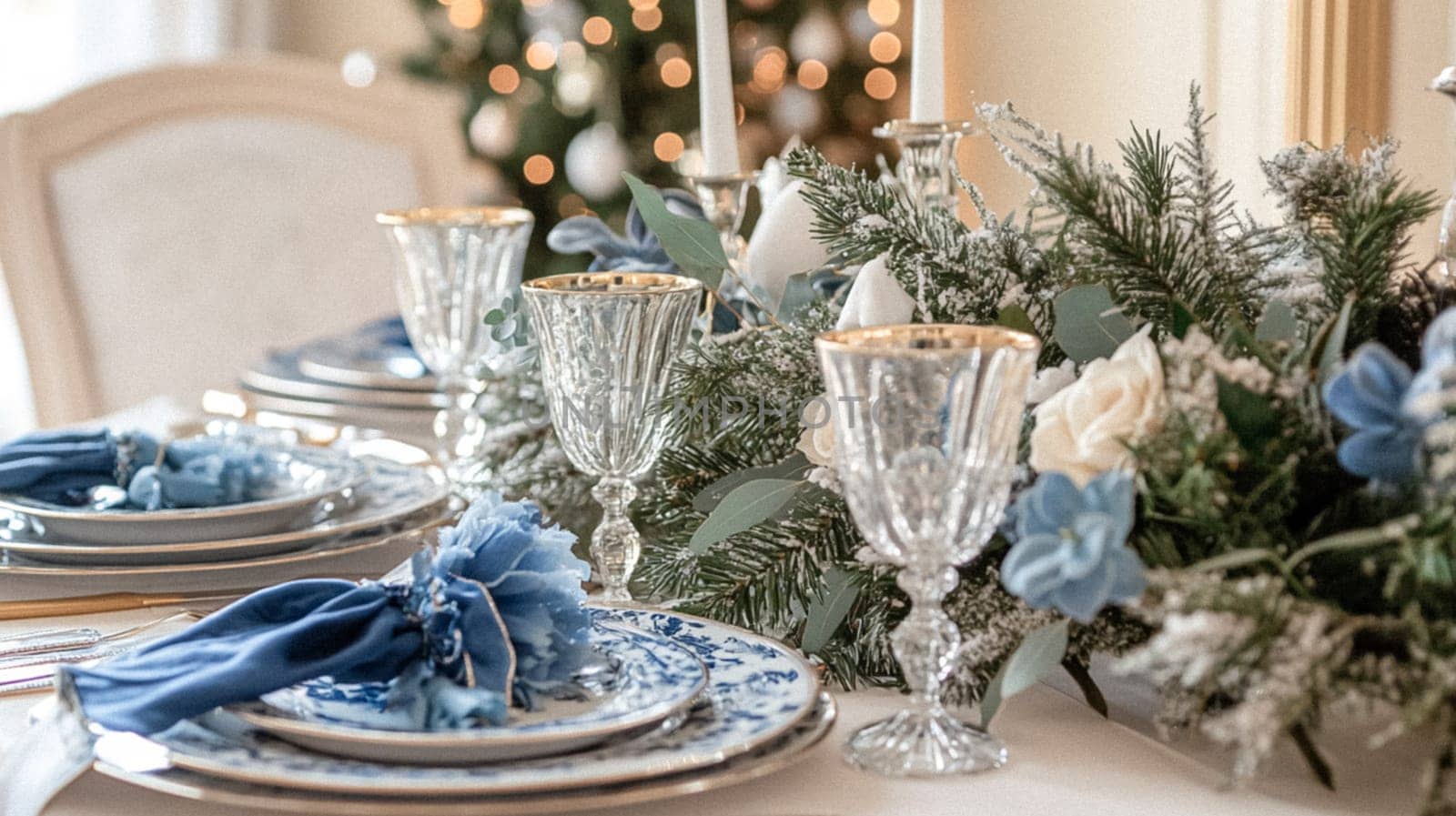 Christmas tablescape decoration, formal family dinner holiday celebration, luxury table setting decor, English country and home style idea