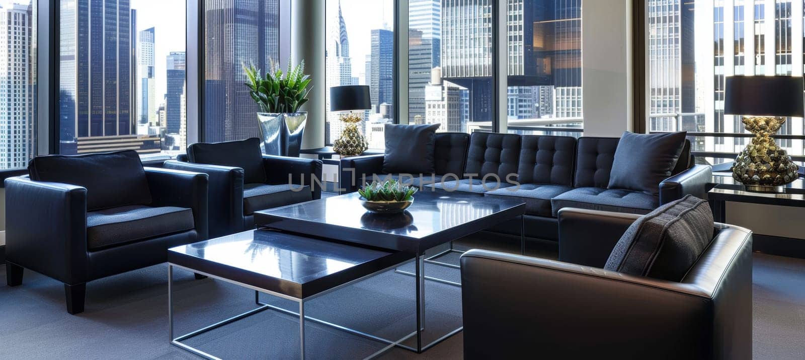 Luxurious office lounge featuring mocha mousse sofas and sleek black coffee tables. large floor-to-ceiling windows showcase a stunning cityscape view, creating an elegant and contemporary environment perfect for modern workspaces.