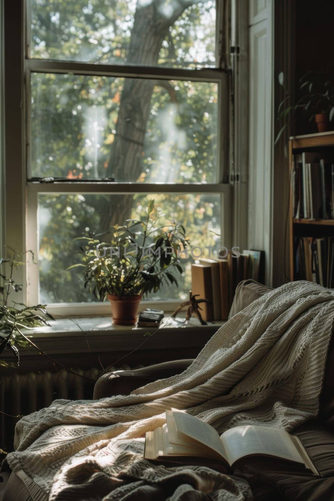 A serene bedroom scene featuring a cozy mocha mousse blanket and an open book, bathed in natural sunlight streaming through a window. the inviting atmosphere is enhanced by dried flowers in a vase, perfect for relaxation and reading.