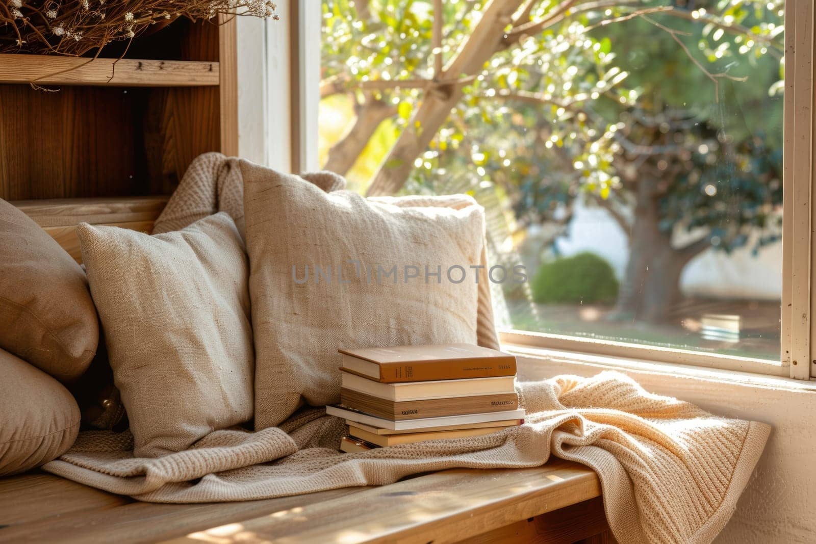 A tranquil reading nook by a window features mocha mousse cushions, a beige blanket, and a stack of books. the stylish wooden bench enhances the cozy atmosphere, perfect for unwinding and enjoying a good read in natural light.