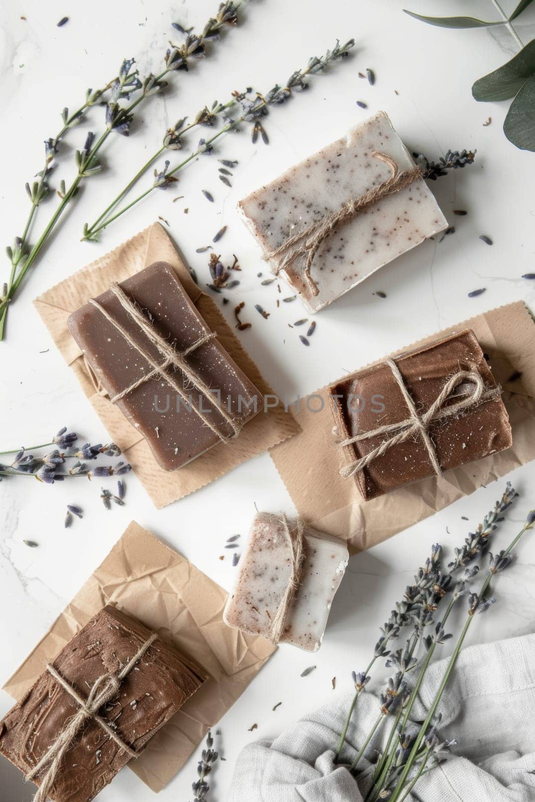 Artisanal soap bars with a rich mocha mousse appearance, wrapped in eco-friendly kraft paper, adorned with dried lavender and eucalyptus for a touch of natural elegance, ideal for a sustainable product advertisement or print design.