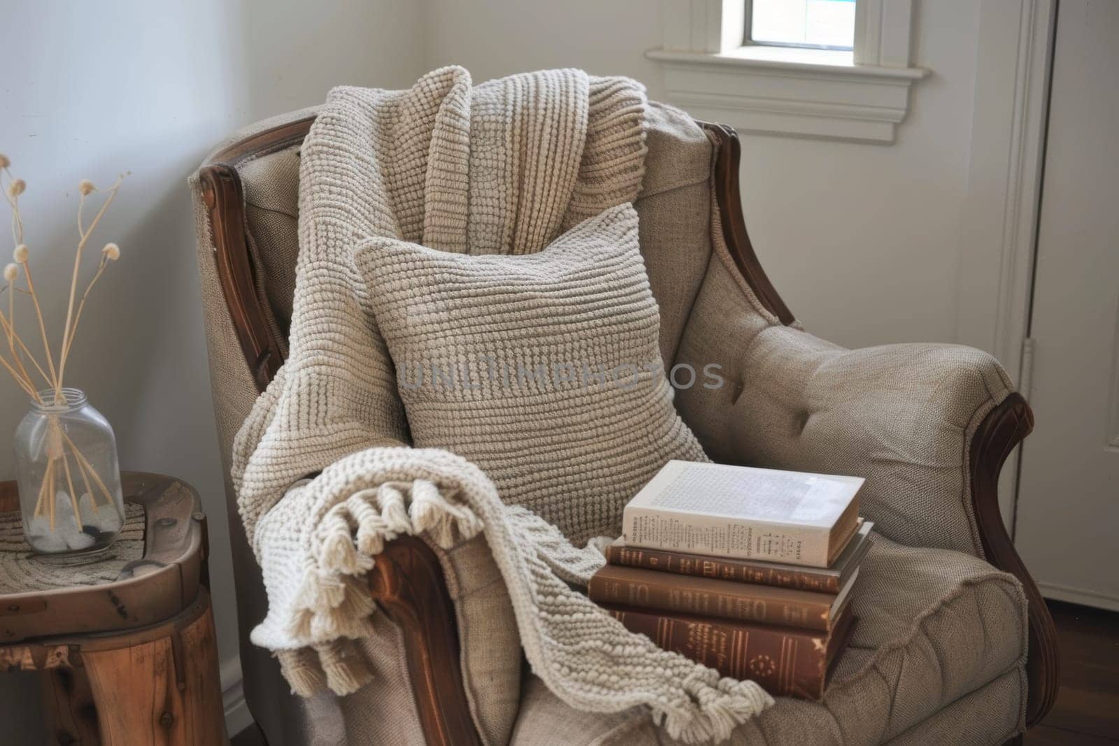 A warm, inviting reading corner featuring a mocha mousse armchair adorned with a throw blanket and cushion. beside it, a wooden side table holds a stack of books, creating a tranquil and stylish environment for relaxation and leisure.