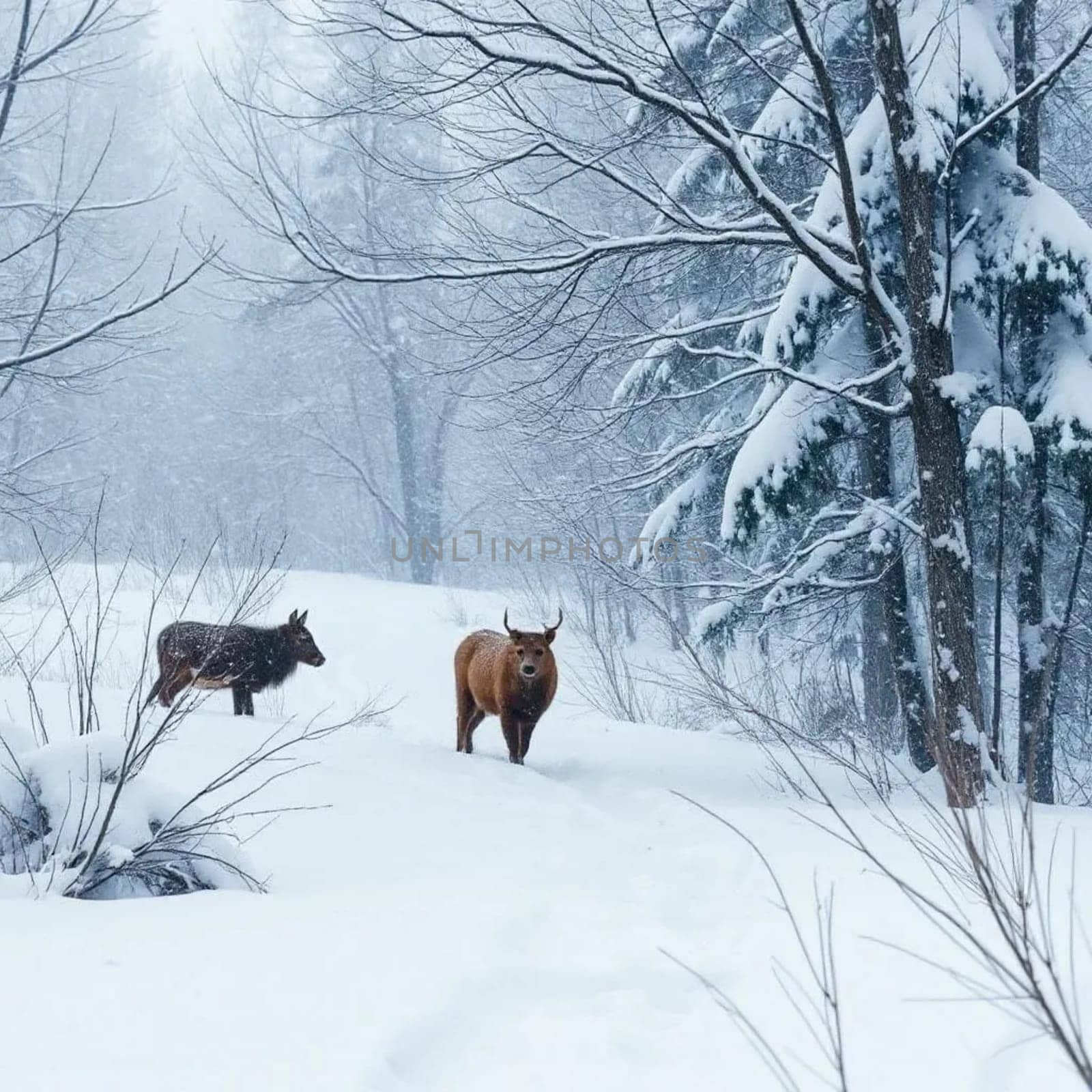 Winter wildlife nature snow trees weather white brown blue sky background . High quality photo