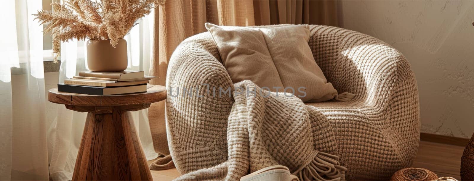 A cozy reading nook featuring a mocha mousse armchair draped with a beige throw blanket. a stack of books rests on a wooden side table beside a soft, ambient lamp, creating a tranquil atmosphere perfect for relaxation and reflection.