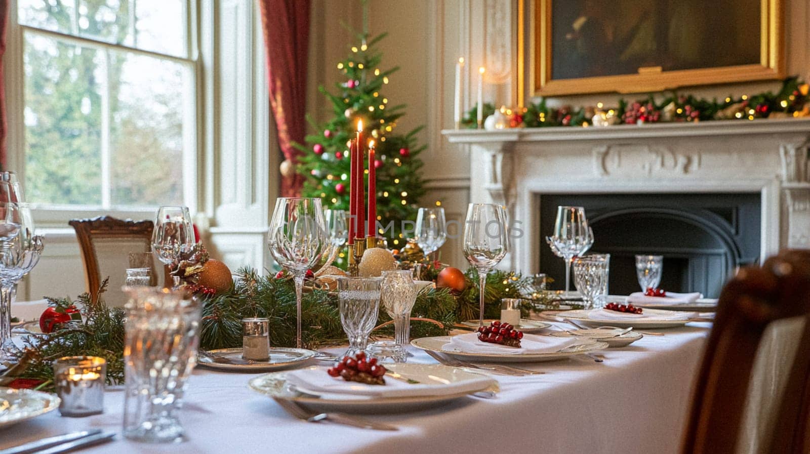 Christmas tablescape decoration, formal family dinner holiday celebration, luxury table setting decor, English country and home style idea