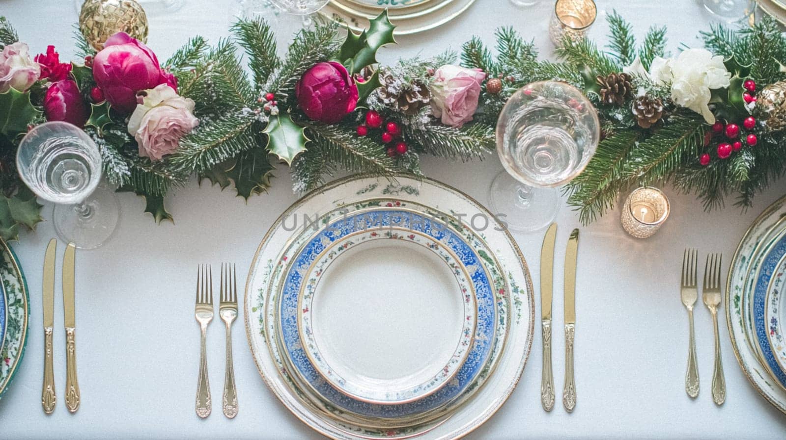 Christmas tablescape decoration, formal family dinner holiday celebration, luxury table setting decor, English country and home style idea