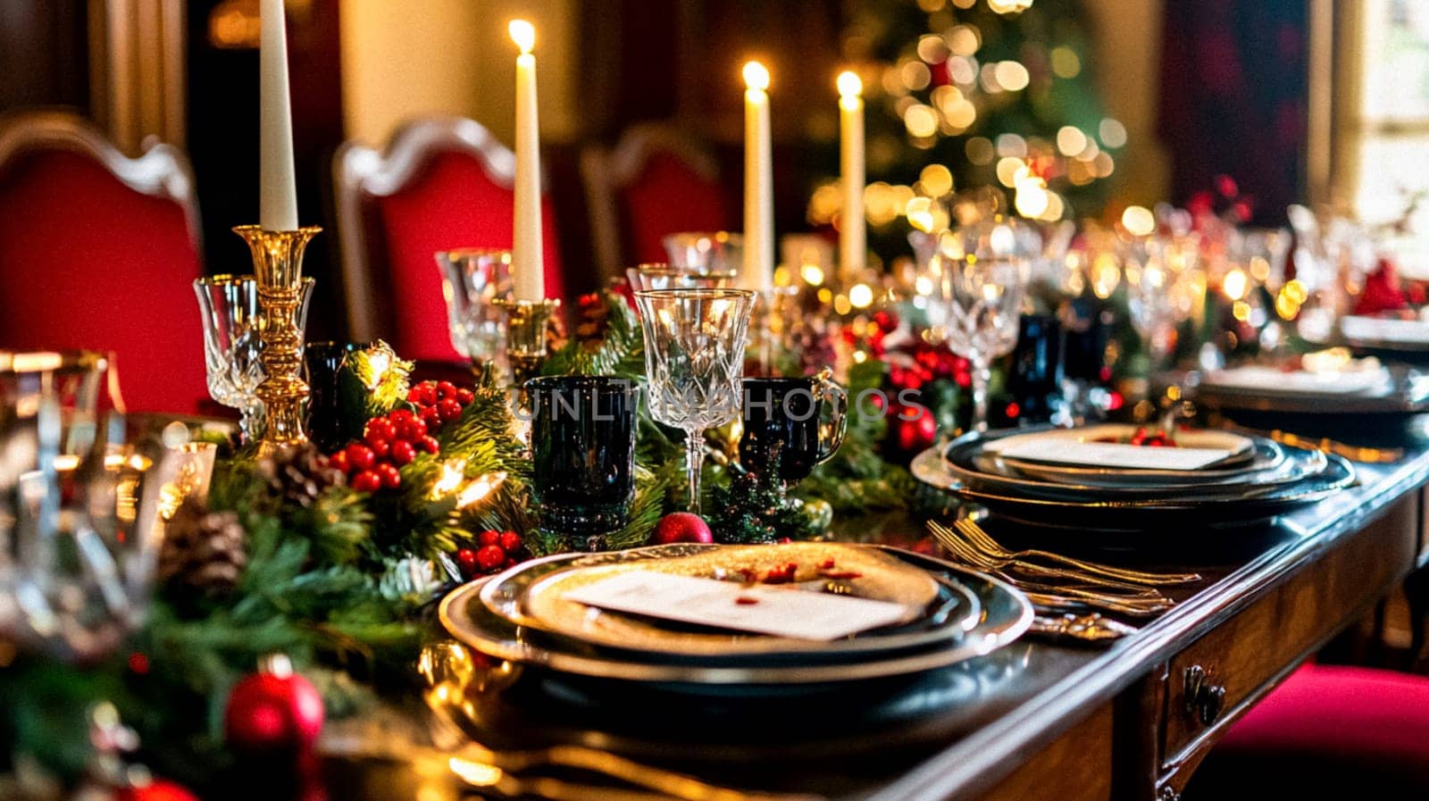 Christmas tablescape decoration, formal family dinner holiday celebration, luxury table setting decor, English country and home style idea