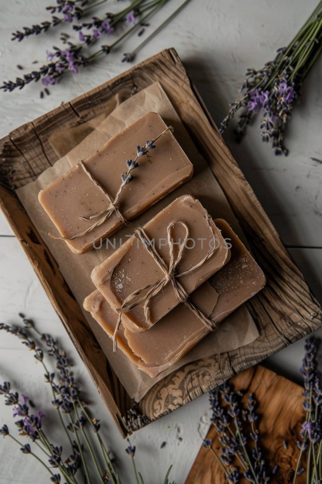 Artisanal mocha mousse soap bars, elegantly wrapped in eco-friendly packaging, are complemented by dried lavender on a rustic wooden tray. blends natural elements with handmade craftsmanship, offering a perfect sustainable gift idea.