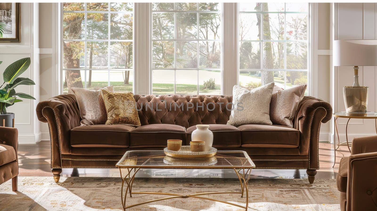 Luxurious living room featuring a mocha mousse velvet sofa with gold and cream pillows, creating a sophisticated ambiance. a soft beige rug lies beneath a sleek glass coffee table, while ample natural light floods through large windows.