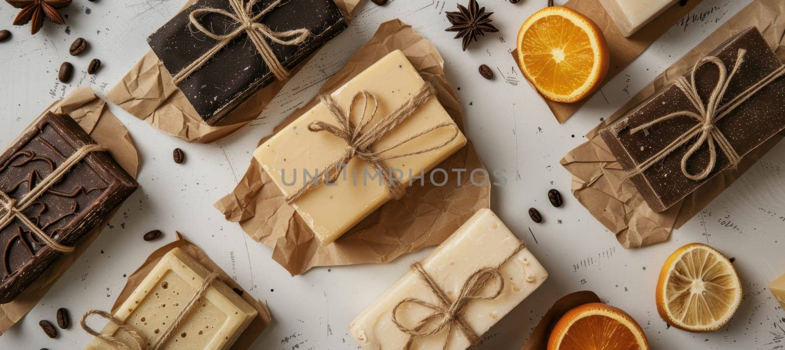 Artisanal soap bars in mocha mousse tones, elegantly wrapped in sustainable kraft paper and twine. arranged on a wooden surface, they embody rustic charm and eco-consciousness, ideal for natural skincare enthusiasts and gift-giving.