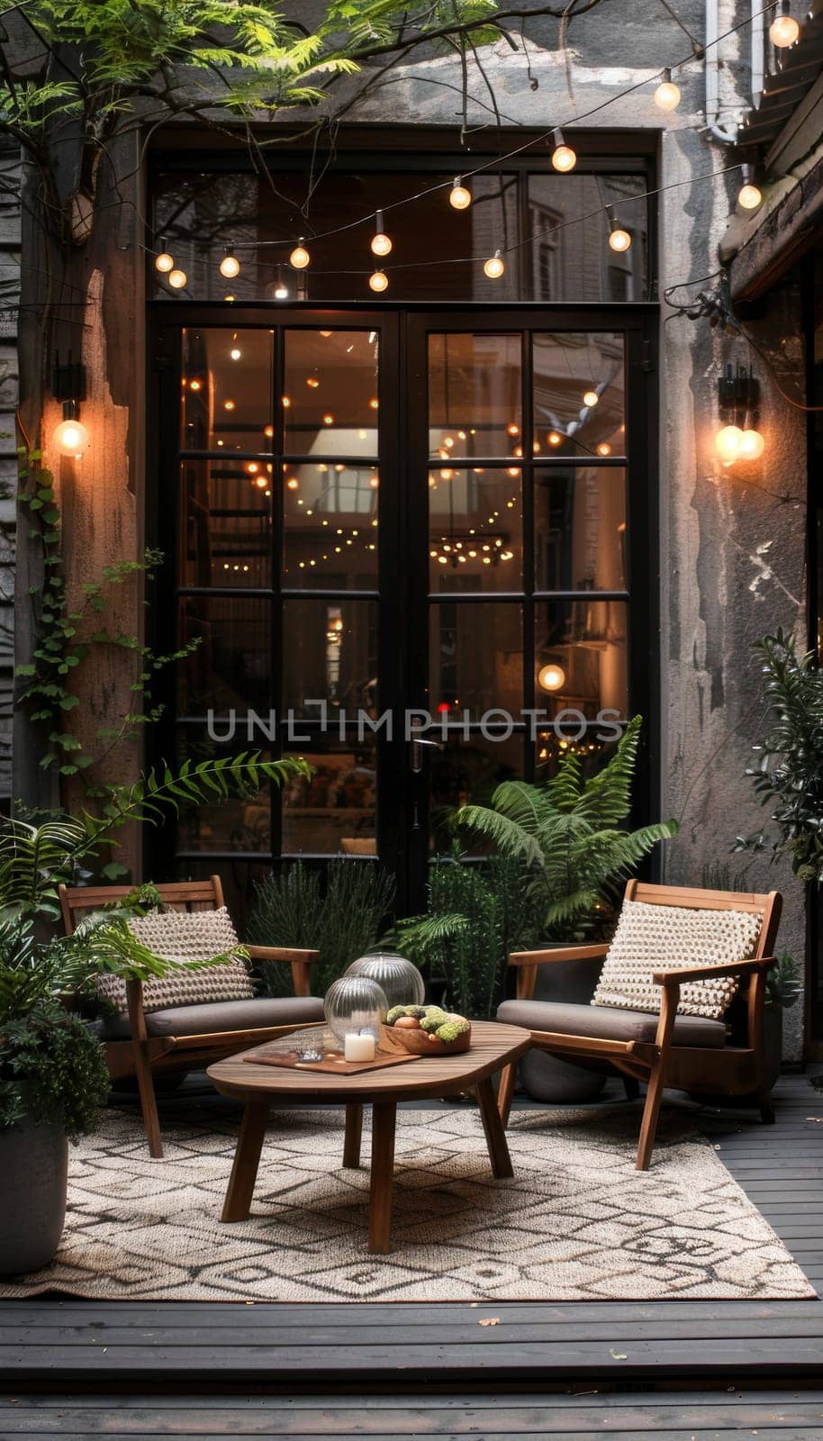 Cozy outdoor patio showcases mocha mousse lounge chairs around a wooden coffee table, adorned with potted plants. warm evening lighting casts an inviting glow, creating a perfect setting for relaxation and intimate gatherings.