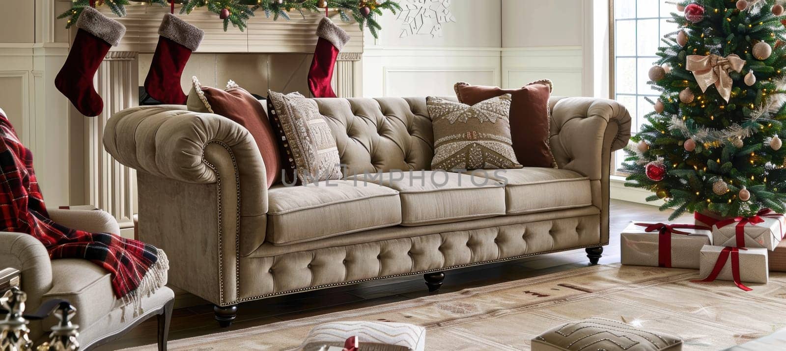 A festive christmas-themed living room featuring a mocha mousse sofa, vibrant decorated christmas tree, and stockings hanging on a beige mantelpiece. gifts wrapped in elegant paper sit beneath the tree, creating a warm holiday atmosphere.