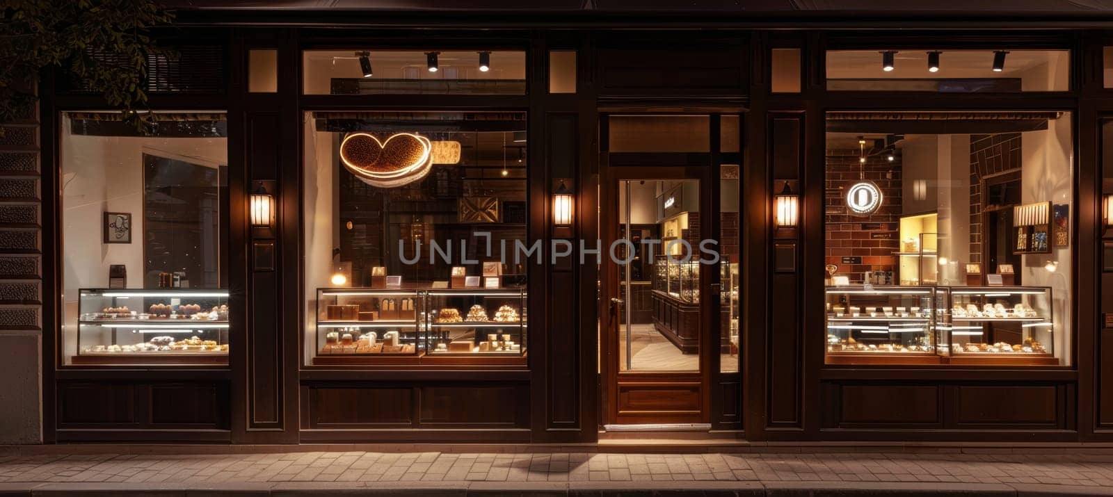 Boutique storefront showcases mocha mousse displays in the window, highlighted by elegant signage and warm ambient lighting. the interior features modern design elements, plants, and shelves of products, creating an inviting atmosphere.