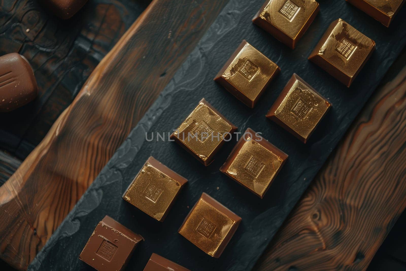Artisanal mocha mousse chocolates elegantly arranged on a dark slate board, complemented by luxurious gold foil wrappers. perfect for sophisticated branding designs, showcasing a blend of gourmet refinement and chic aesthetics.