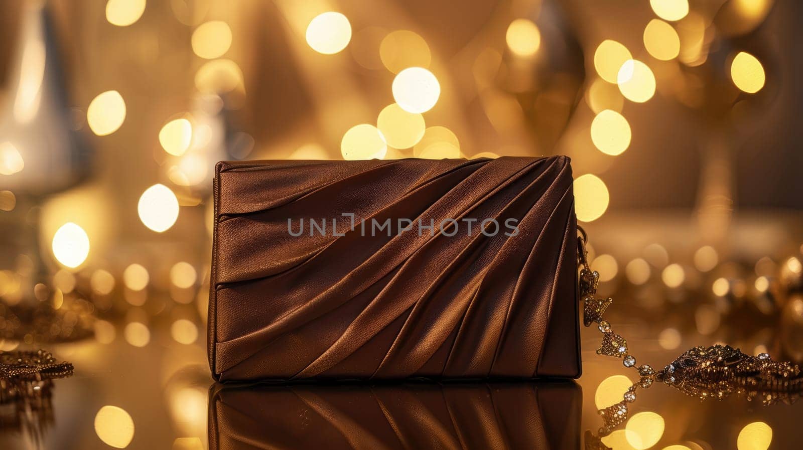 Luxurious mocha mousse clutch bag features a quilted design with gold jewelry accents. set on a glossy surface, complemented by a subtle bokeh background, perfect for fashion presentations, print materials, or modern decor.