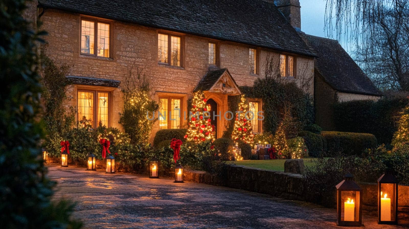 Christmas in the countryside, cottage decorated for holidays on a snowy winter evening with snow and holiday lights, English country styling inspiration