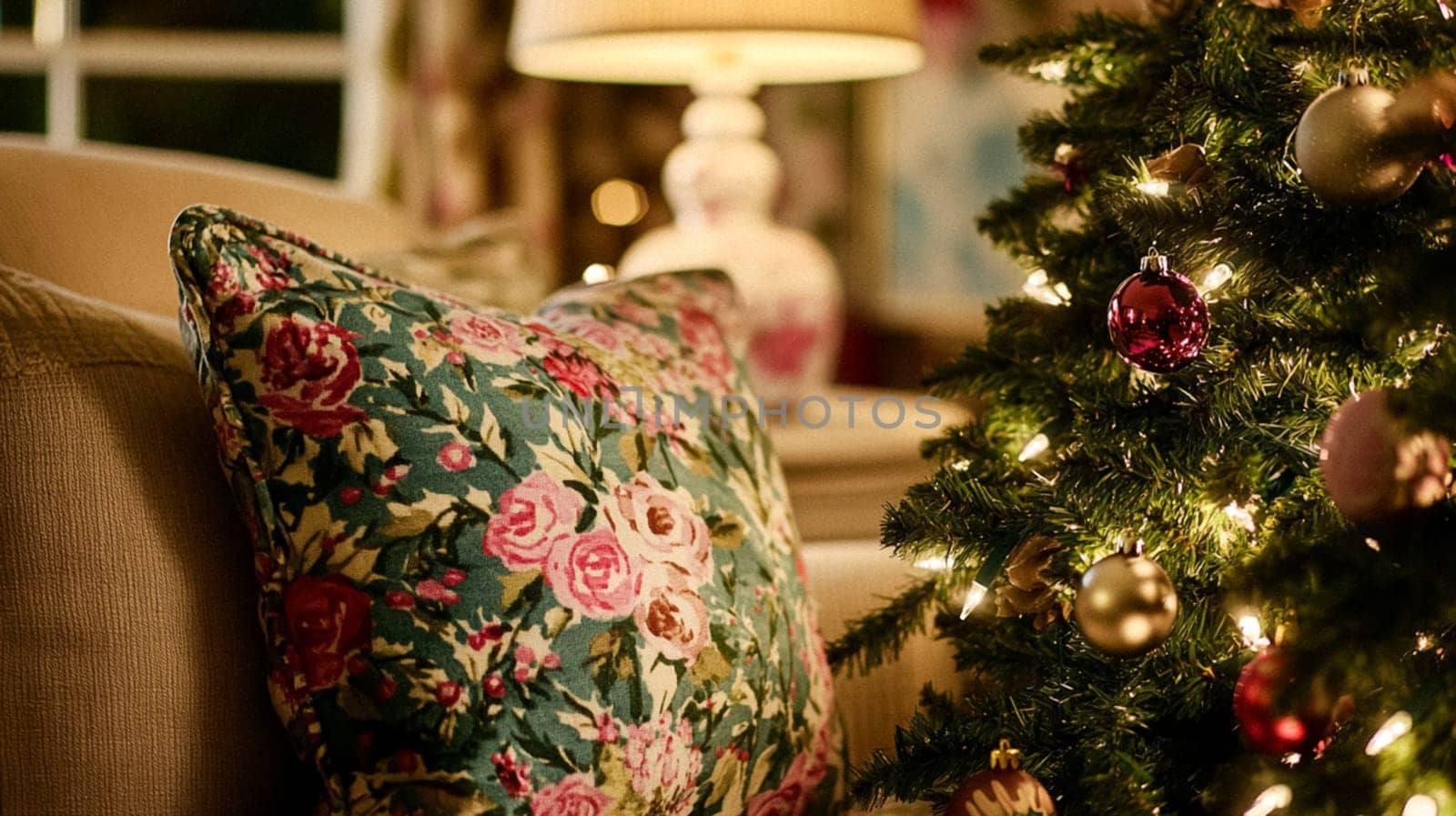 Christmas, holiday decor and country cottage style, cosy atmosphere, decorated Christmas tree in the English countryside house living room with fireplace, interior decoration idea