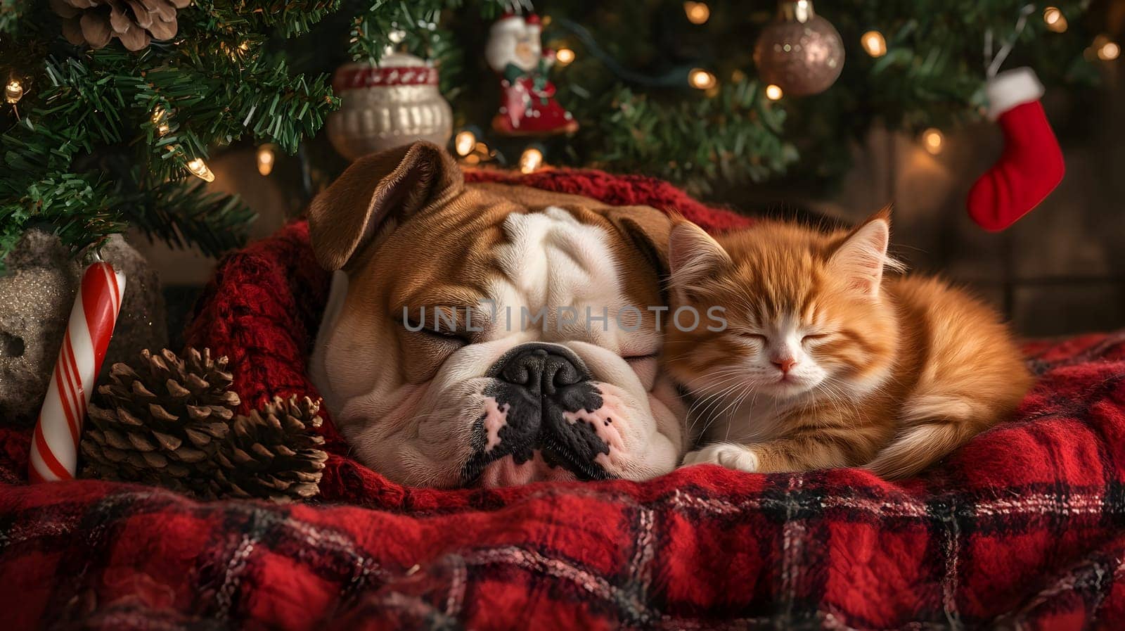 A cozy dog and cat sleeping together by a Christmas tree.