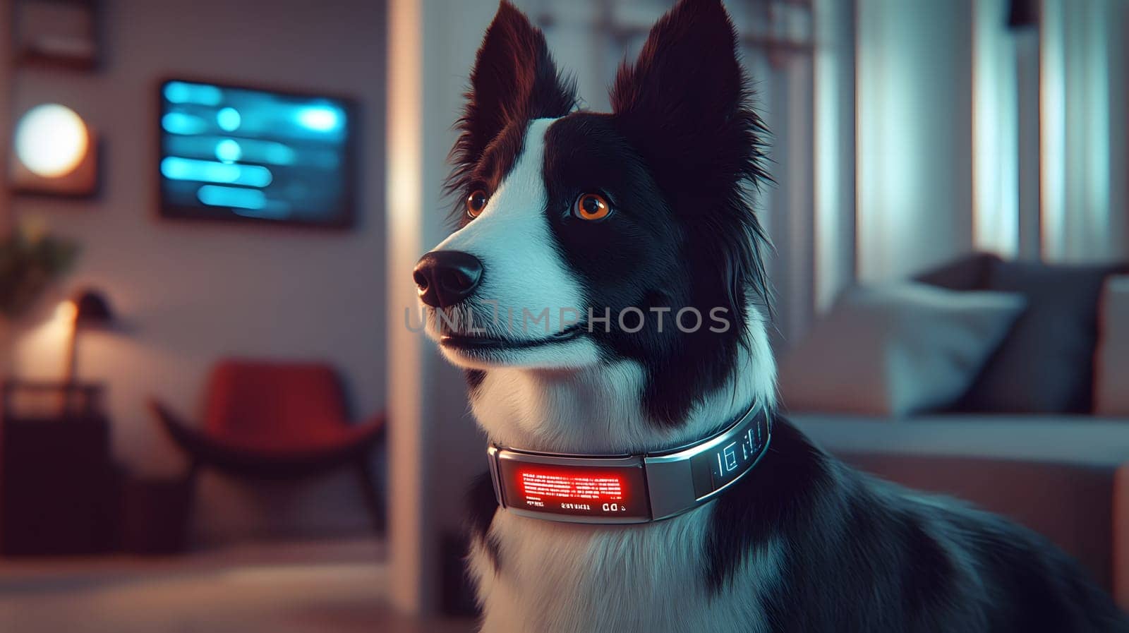 A dog wearing a high-tech collar in a modern indoor setting.